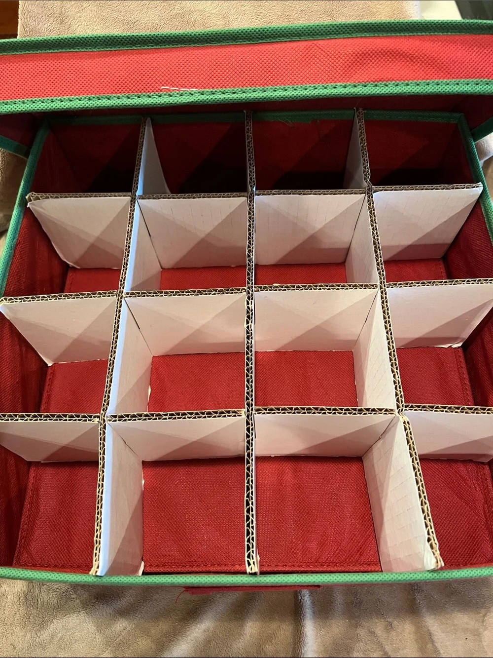 Red Holiday Ornament Storage Box with Green Trim Missing Side Handle